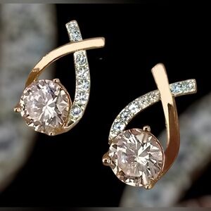 Golden Teardrop Cross Design Stud Earrings with 1 Carat Sparkling Cubic Zirconia